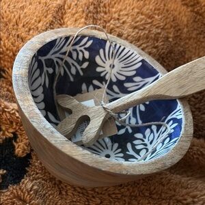 Mud Pie Wooden Bowl with Blue Floral Interior
